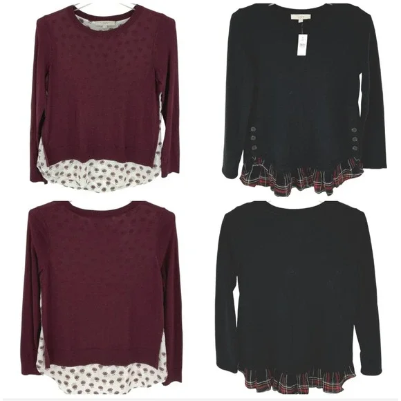 SET of 2 LOFT Women's Floral/Plaid Print Crew Neck Sweaters Knit Layered Look M - Picture 1 of 11